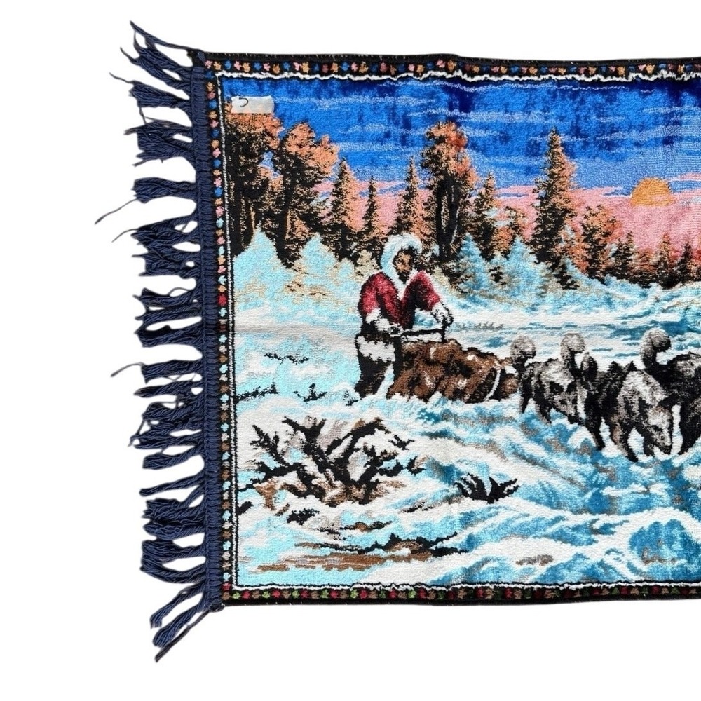 Vintage Mid Century Dogsled Tapestry Rug Husky Winter Scene Wall Hanging Cabin - Picture 2 of 7